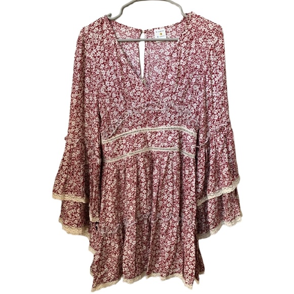 be together Dresses & Skirts - BE TOGETHER Women’s Burgundy w/ Cream  Floral Print Fit & Flare Rayon Mini Dress